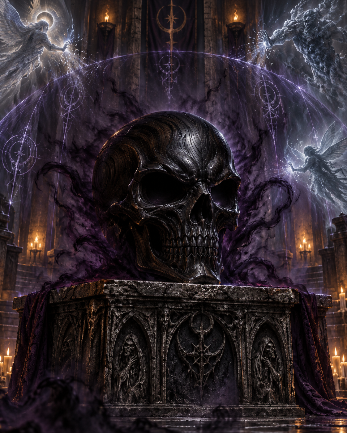 Darkskull, a magical ebony skull surrounded by dark purple energy on a stone altar, repelling Celestials, Elementals, and Fey with an unholy barrier.