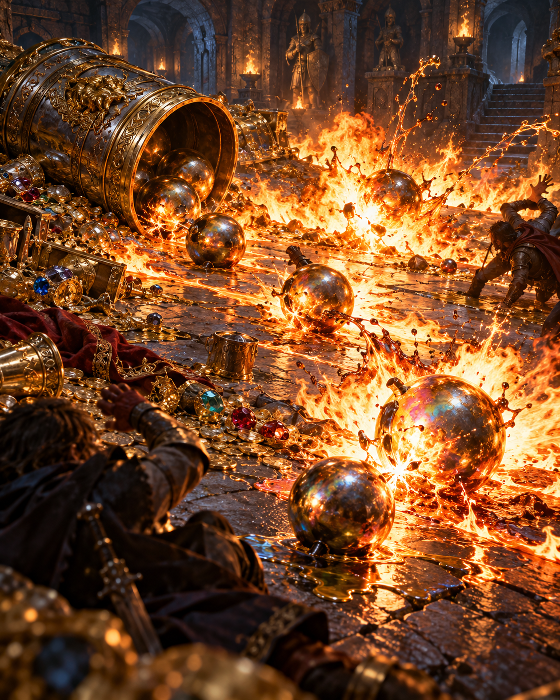 Exploding Spheres D&D trap featuring polished metal spheres spilling from an ornate cylinder and erupting into flames across a treasure-filled dungeon as adventurers dive for cover.