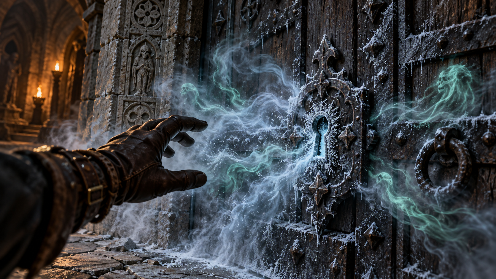 Door to the Grave releases icy necromantic energy from a frost-covered lock as an adventurer reaches toward it.