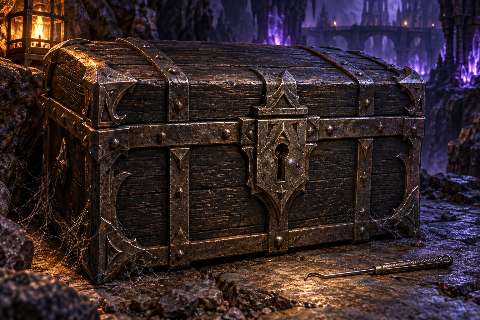 An iron-banded wooden footlocker with a poison-tipped needle concealed in its lock, resting in a shadowy drow dungeon.