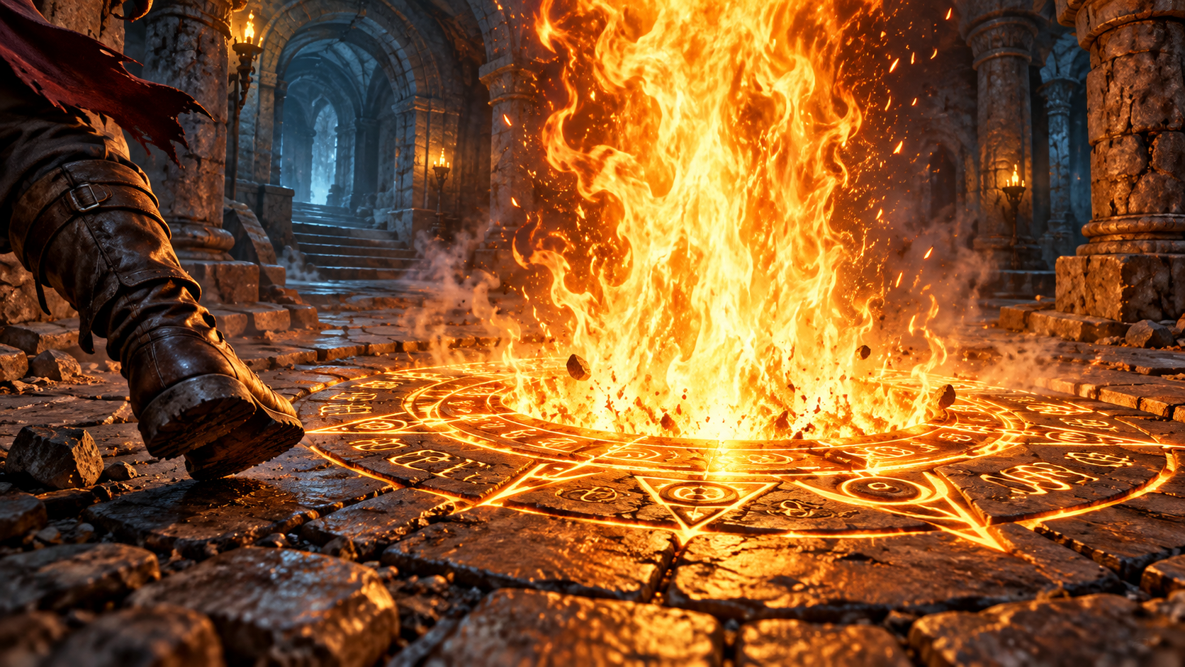An Explosive Runes Trap erupts into a column of fire as an adventurer steps away from the glowing dungeon glyph.