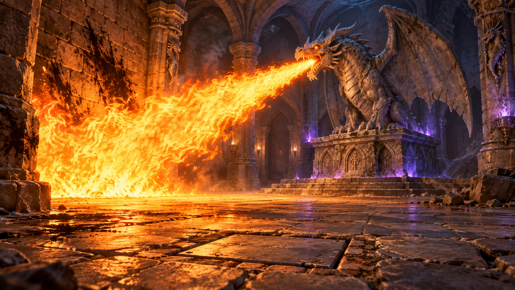 A stone dragon statue unleashes a cone of magical fire across a dungeon chamber with a hidden pressure plate.