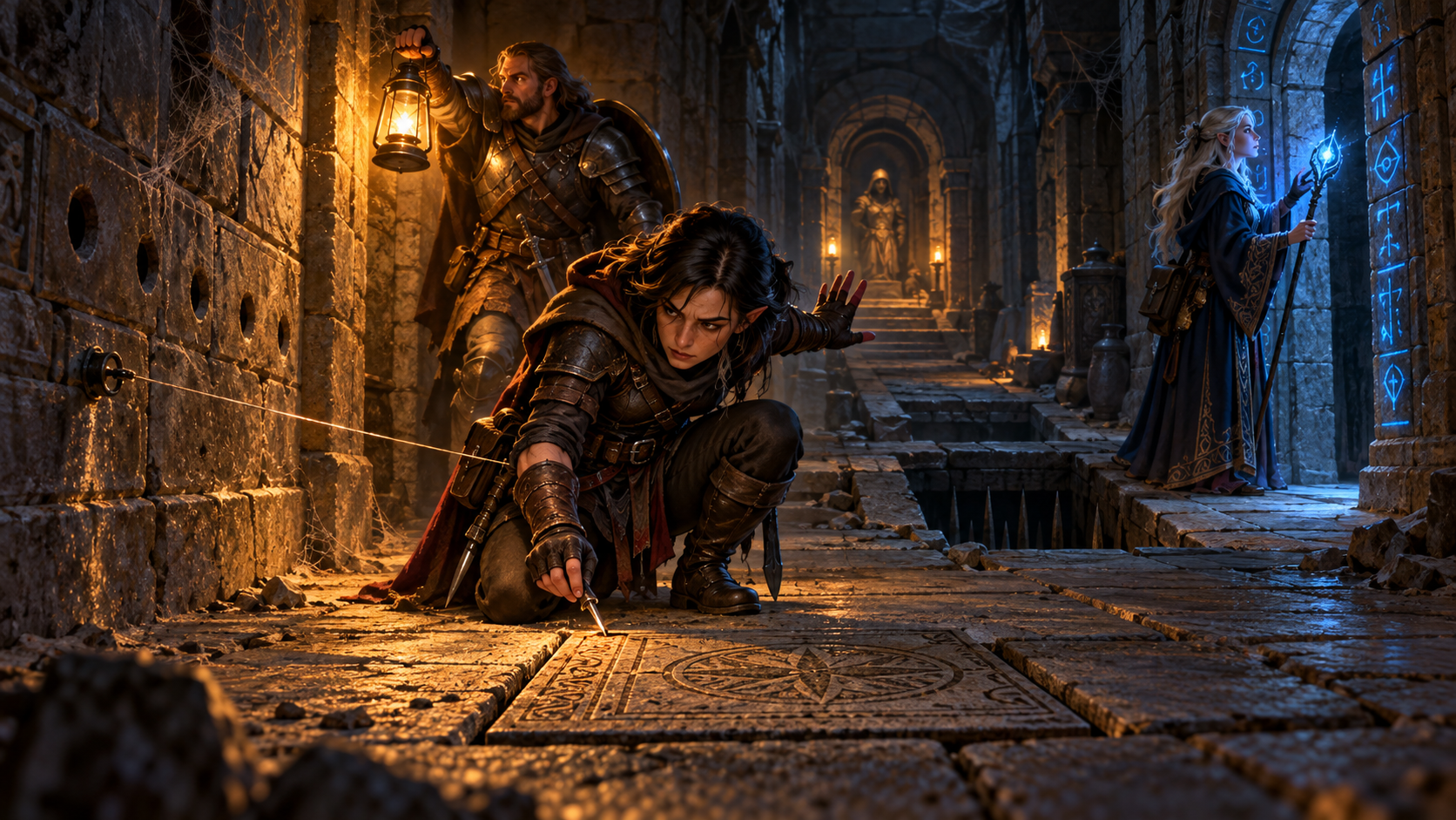 Adventurers inspect a dungeon pressure plate and tripwire while a spellcaster examines glowing runes beside a spiked pit.