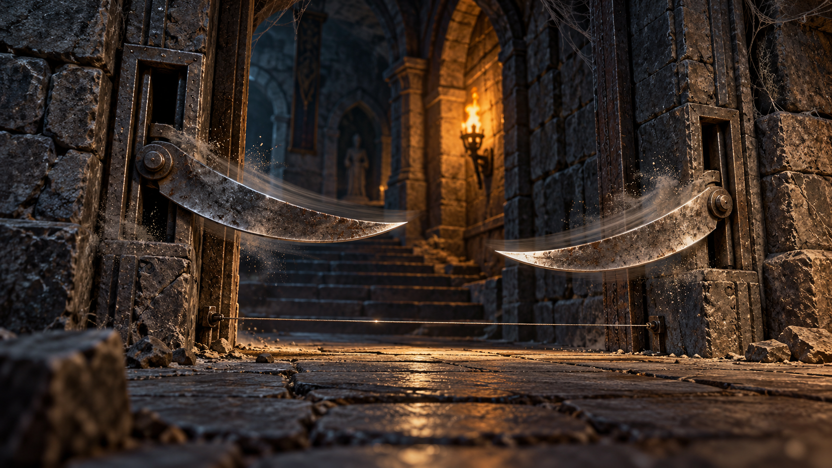 A Wall Scythe Trap releases curved blades across a dungeon doorway above a low tripwire.